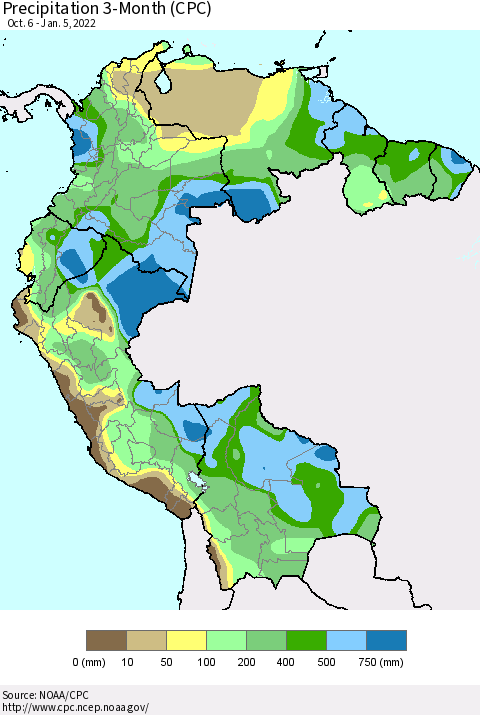 Northern South America Precipitation 3-Month (CPC) Thematic Map For 10/6/2021 - 1/5/2022