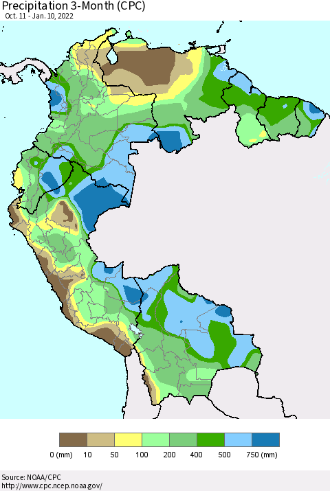 Northern South America Precipitation 3-Month (CPC) Thematic Map For 10/11/2021 - 1/10/2022