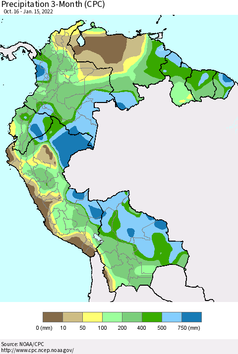 Northern South America Precipitation 3-Month (CPC) Thematic Map For 10/16/2021 - 1/15/2022