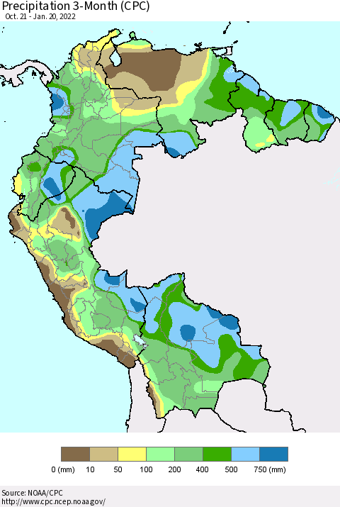 Northern South America Precipitation 3-Month (CPC) Thematic Map For 10/21/2021 - 1/20/2022