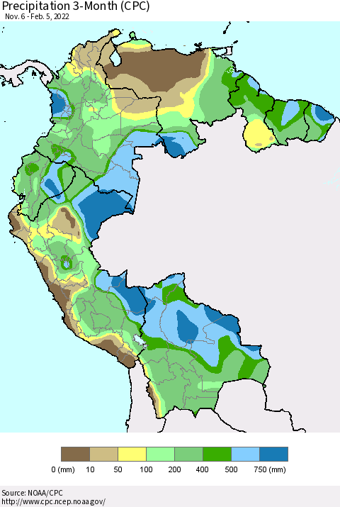 Northern South America Precipitation 3-Month (CPC) Thematic Map For 11/6/2021 - 2/5/2022