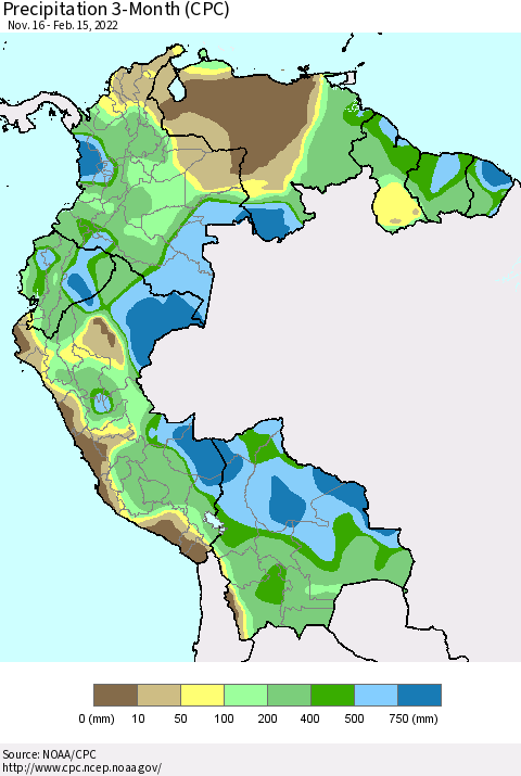 Northern South America Precipitation 3-Month (CPC) Thematic Map For 11/16/2021 - 2/15/2022