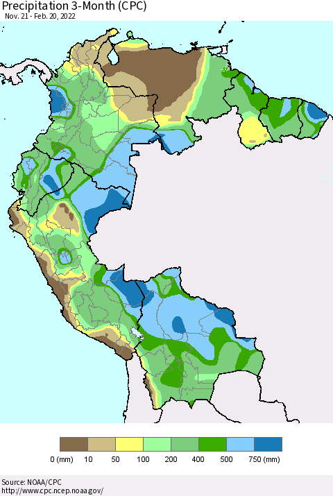 Northern South America Precipitation 3-Month (CPC) Thematic Map For 11/21/2021 - 2/20/2022