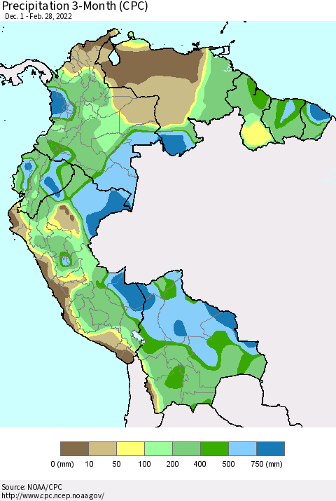 Northern South America Precipitation 3-Month (CPC) Thematic Map For 12/1/2021 - 2/28/2022