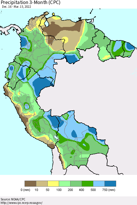 Northern South America Precipitation 3-Month (CPC) Thematic Map For 12/16/2021 - 3/15/2022