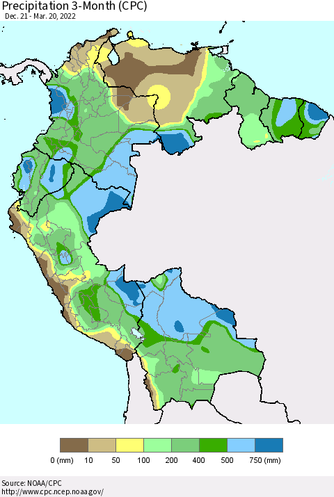 Northern South America Precipitation 3-Month (CPC) Thematic Map For 12/21/2021 - 3/20/2022