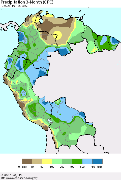 Northern South America Precipitation 3-Month (CPC) Thematic Map For 12/26/2021 - 3/25/2022