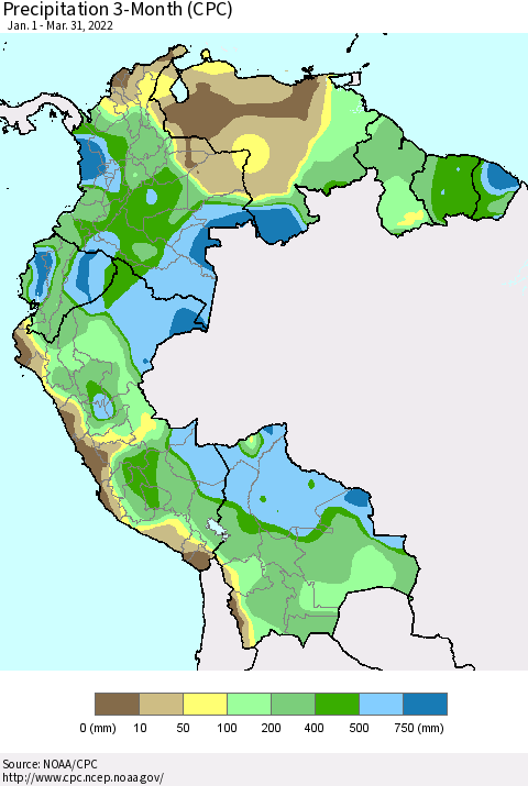 Northern South America Precipitation 3-Month (CPC) Thematic Map For 1/1/2022 - 3/31/2022