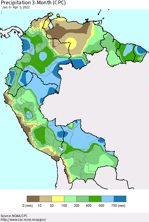 Northern South America Precipitation 3-Month (CPC) Thematic Map For 1/6/2022 - 4/5/2022