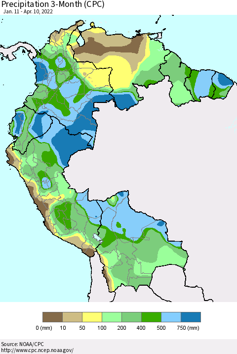 Northern South America Precipitation 3-Month (CPC) Thematic Map For 1/11/2022 - 4/10/2022