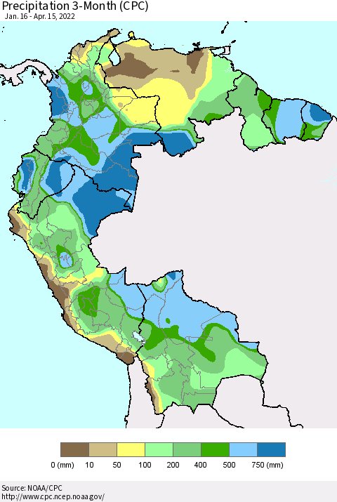 Northern South America Precipitation 3-Month (CPC) Thematic Map For 1/16/2022 - 4/15/2022
