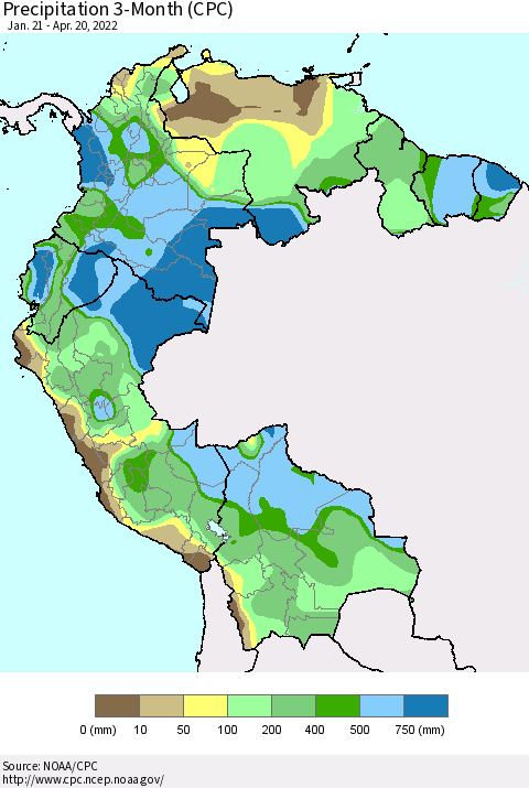 Northern South America Precipitation 3-Month (CPC) Thematic Map For 1/21/2022 - 4/20/2022