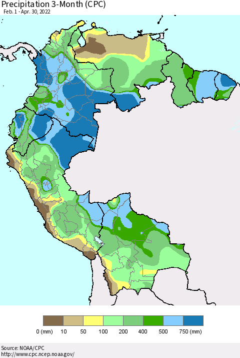 Northern South America Precipitation 3-Month (CPC) Thematic Map For 2/1/2022 - 4/30/2022