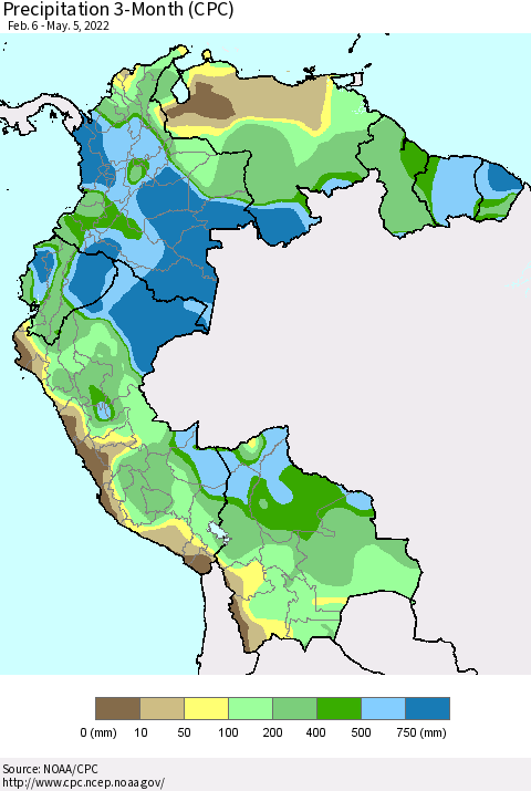 Northern South America Precipitation 3-Month (CPC) Thematic Map For 2/6/2022 - 5/5/2022