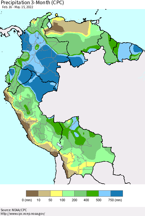 Northern South America Precipitation 3-Month (CPC) Thematic Map For 2/16/2022 - 5/15/2022