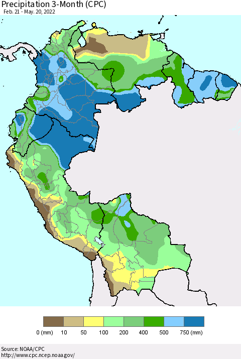 Northern South America Precipitation 3-Month (CPC) Thematic Map For 2/21/2022 - 5/20/2022