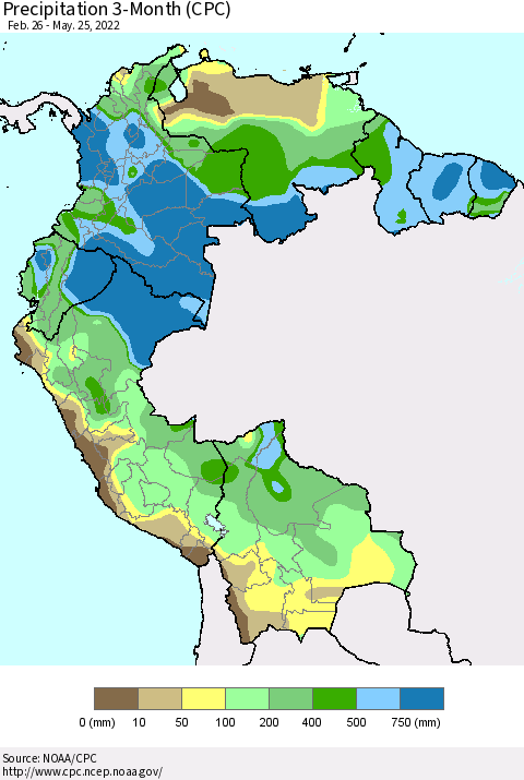 Northern South America Precipitation 3-Month (CPC) Thematic Map For 2/26/2022 - 5/25/2022