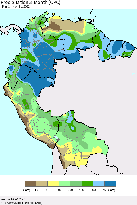 Northern South America Precipitation 3-Month (CPC) Thematic Map For 3/1/2022 - 5/31/2022