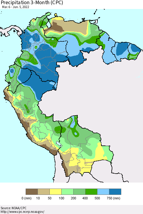 Northern South America Precipitation 3-Month (CPC) Thematic Map For 3/6/2022 - 6/5/2022
