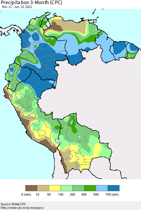 Northern South America Precipitation 3-Month (CPC) Thematic Map For 3/11/2022 - 6/10/2022