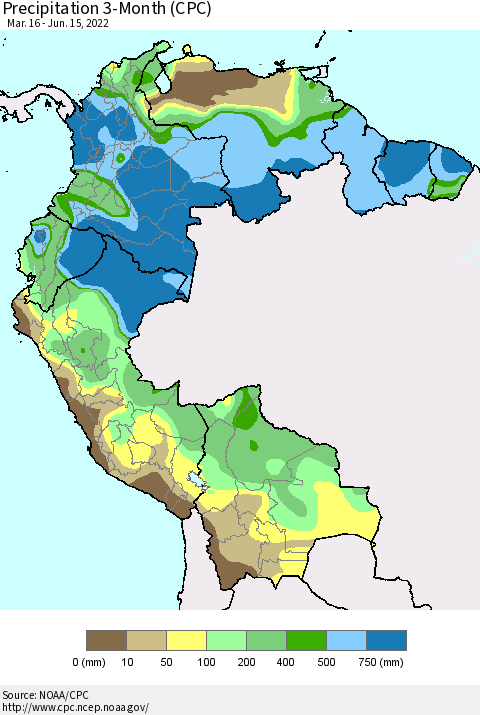 Northern South America Precipitation 3-Month (CPC) Thematic Map For 3/16/2022 - 6/15/2022