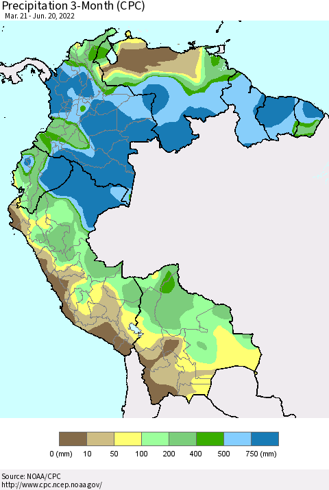 Northern South America Precipitation 3-Month (CPC) Thematic Map For 3/21/2022 - 6/20/2022
