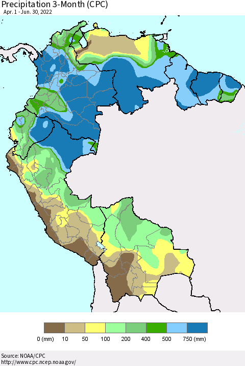Northern South America Precipitation 3-Month (CPC) Thematic Map For 4/1/2022 - 6/30/2022