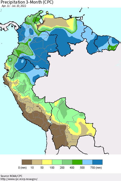 Northern South America Precipitation 3-Month (CPC) Thematic Map For 4/11/2022 - 7/10/2022