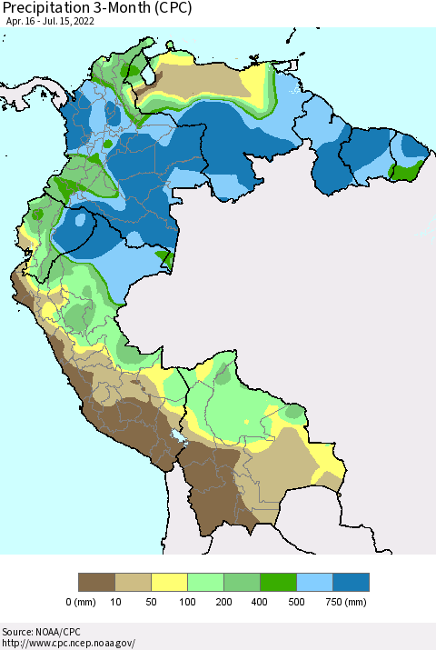 Northern South America Precipitation 3-Month (CPC) Thematic Map For 4/16/2022 - 7/15/2022