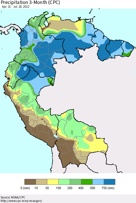 Northern South America Precipitation 3-Month (CPC) Thematic Map For 4/21/2022 - 7/20/2022
