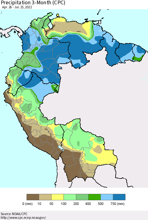 Northern South America Precipitation 3-Month (CPC) Thematic Map For 4/26/2022 - 7/25/2022