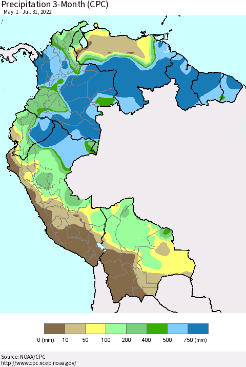 Northern South America Precipitation 3-Month (CPC) Thematic Map For 5/1/2022 - 7/31/2022