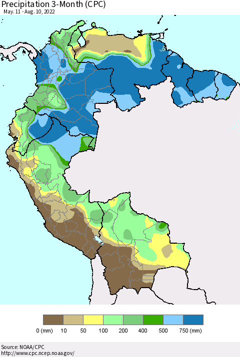 Northern South America Precipitation 3-Month (CPC) Thematic Map For 5/11/2022 - 8/10/2022