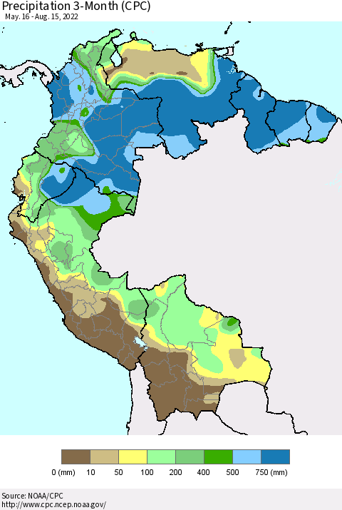 Northern South America Precipitation 3-Month (CPC) Thematic Map For 5/16/2022 - 8/15/2022