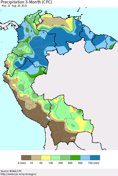 Northern South America Precipitation 3-Month (CPC) Thematic Map For 5/21/2022 - 8/20/2022