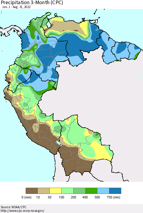 Northern South America Precipitation 3-Month (CPC) Thematic Map For 6/1/2022 - 8/31/2022