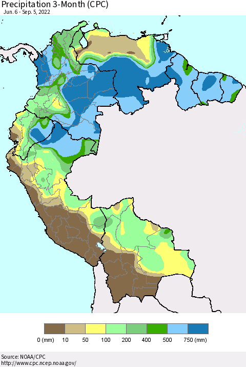 Northern South America Precipitation 3-Month (CPC) Thematic Map For 6/6/2022 - 9/5/2022