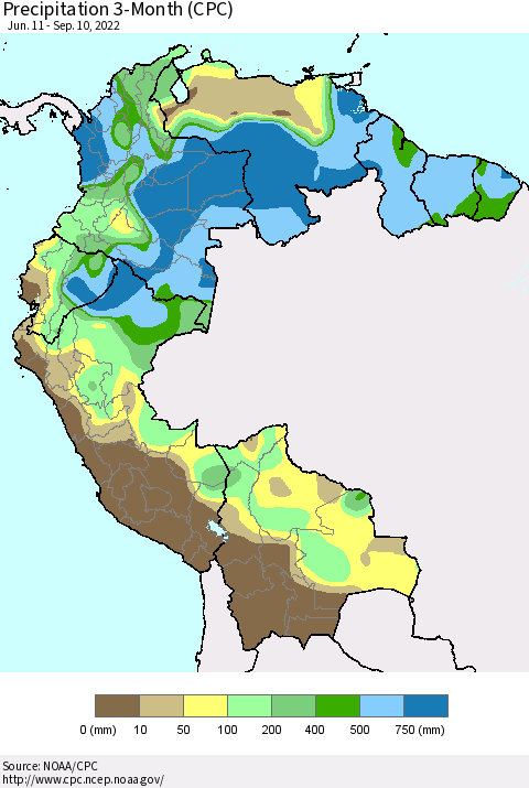Northern South America Precipitation 3-Month (CPC) Thematic Map For 6/11/2022 - 9/10/2022