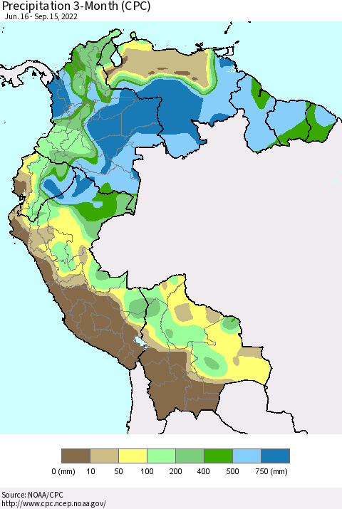 Northern South America Precipitation 3-Month (CPC) Thematic Map For 6/16/2022 - 9/15/2022