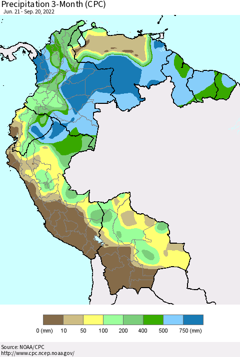 Northern South America Precipitation 3-Month (CPC) Thematic Map For 6/21/2022 - 9/20/2022