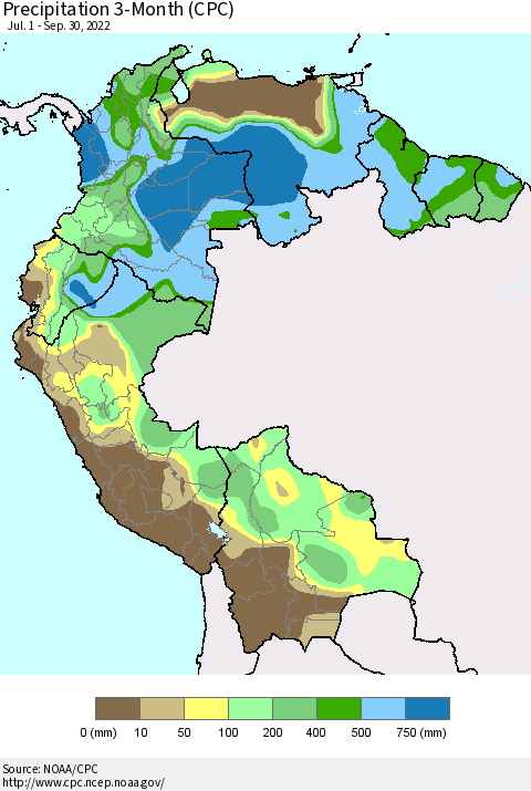Northern South America Precipitation 3-Month (CPC) Thematic Map For 7/1/2022 - 9/30/2022