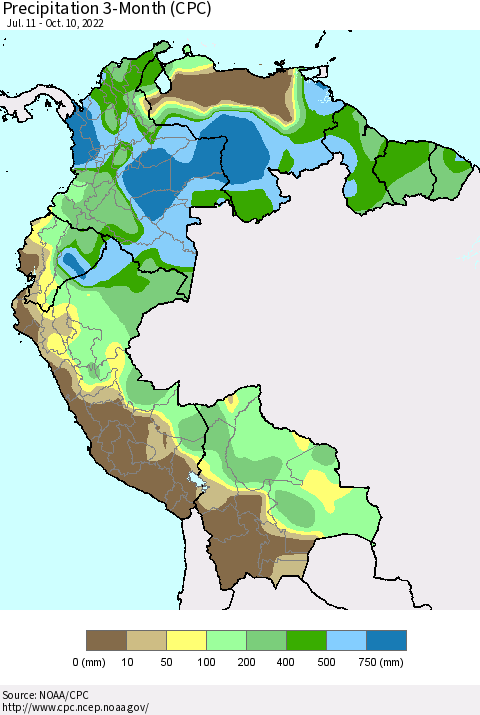 Northern South America Precipitation 3-Month (CPC) Thematic Map For 7/11/2022 - 10/10/2022