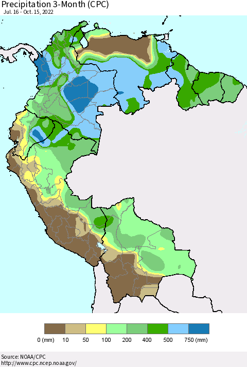 Northern South America Precipitation 3-Month (CPC) Thematic Map For 7/16/2022 - 10/15/2022