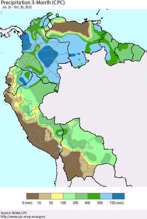 Northern South America Precipitation 3-Month (CPC) Thematic Map For 7/21/2022 - 10/20/2022