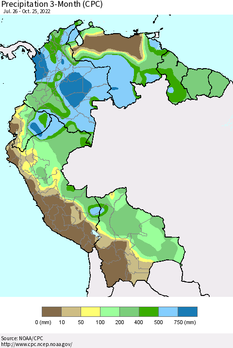 Northern South America Precipitation 3-Month (CPC) Thematic Map For 7/26/2022 - 10/25/2022