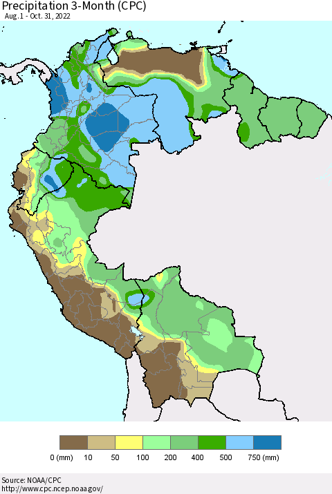 Northern South America Precipitation 3-Month (CPC) Thematic Map For 8/1/2022 - 10/31/2022