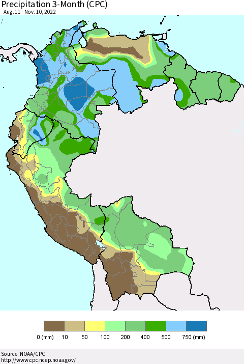 Northern South America Precipitation 3-Month (CPC) Thematic Map For 8/11/2022 - 11/10/2022