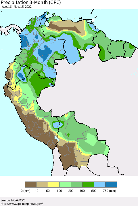 Northern South America Precipitation 3-Month (CPC) Thematic Map For 8/16/2022 - 11/15/2022