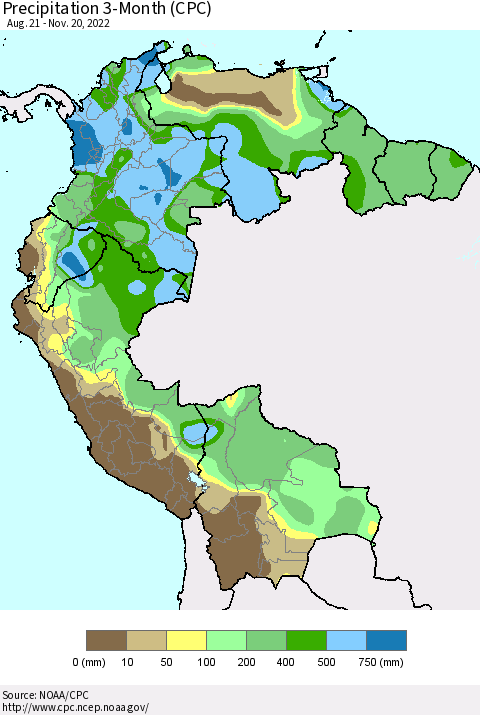 Northern South America Precipitation 3-Month (CPC) Thematic Map For 8/21/2022 - 11/20/2022