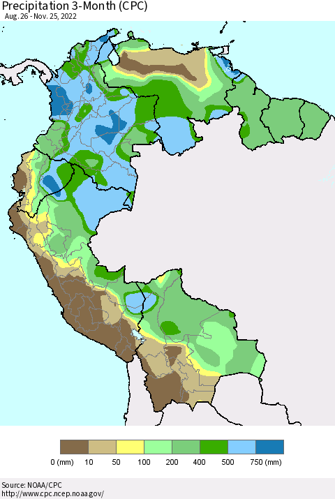 Northern South America Precipitation 3-Month (CPC) Thematic Map For 8/26/2022 - 11/25/2022